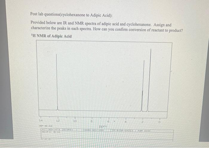  Post lab questions(cyclohexanone to Adipic Acid): Provided below are IR and