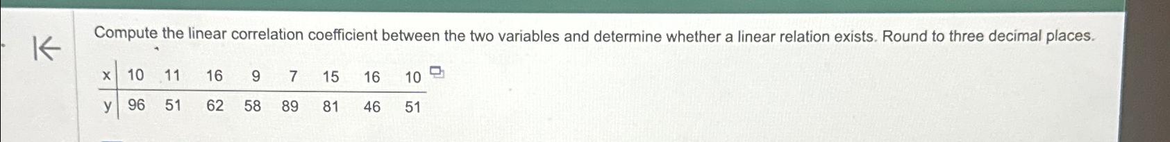  Compute the linear correlation coefficient between the two variables and determine