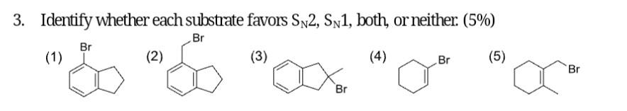 please help me 3. Identify whether each substrate favors SN2,SN1, both, or