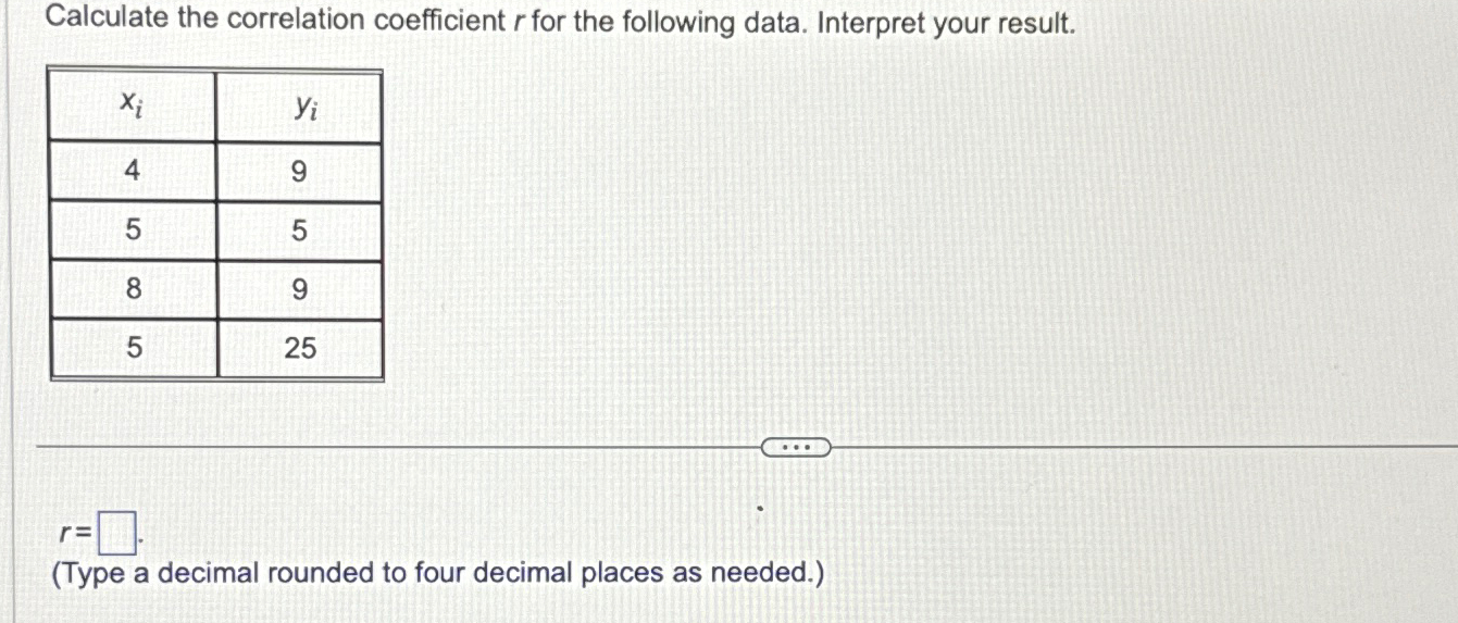  Calculate the correlation coefficient r for the following data. Interpret your