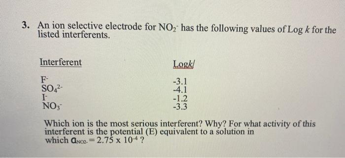 PLEASE SHOW ALL WORK An ion selective electrode for NO2 - has