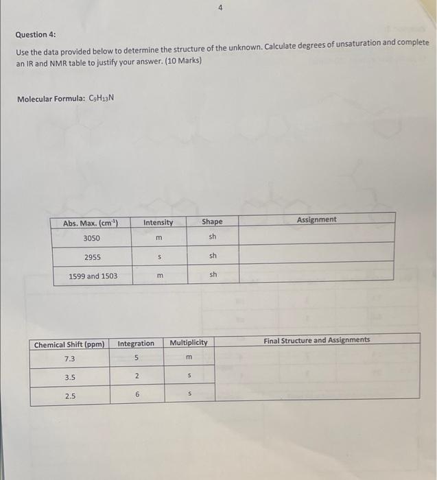  Question 4: Use the data provided below to determine the structure