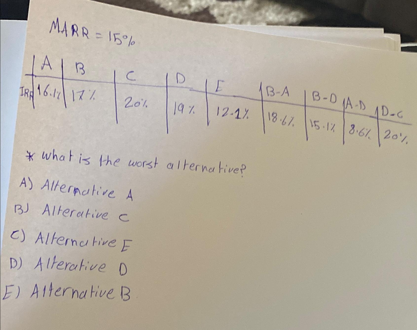  MARR =15% What is the worst alternative? A) Alternative A B)