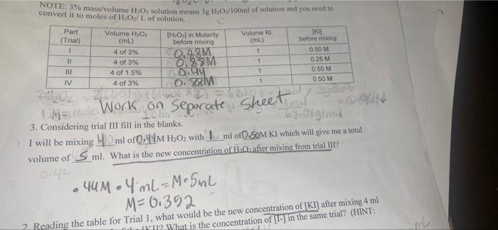 k) 4. Calculate k for each trial and fill in on the
