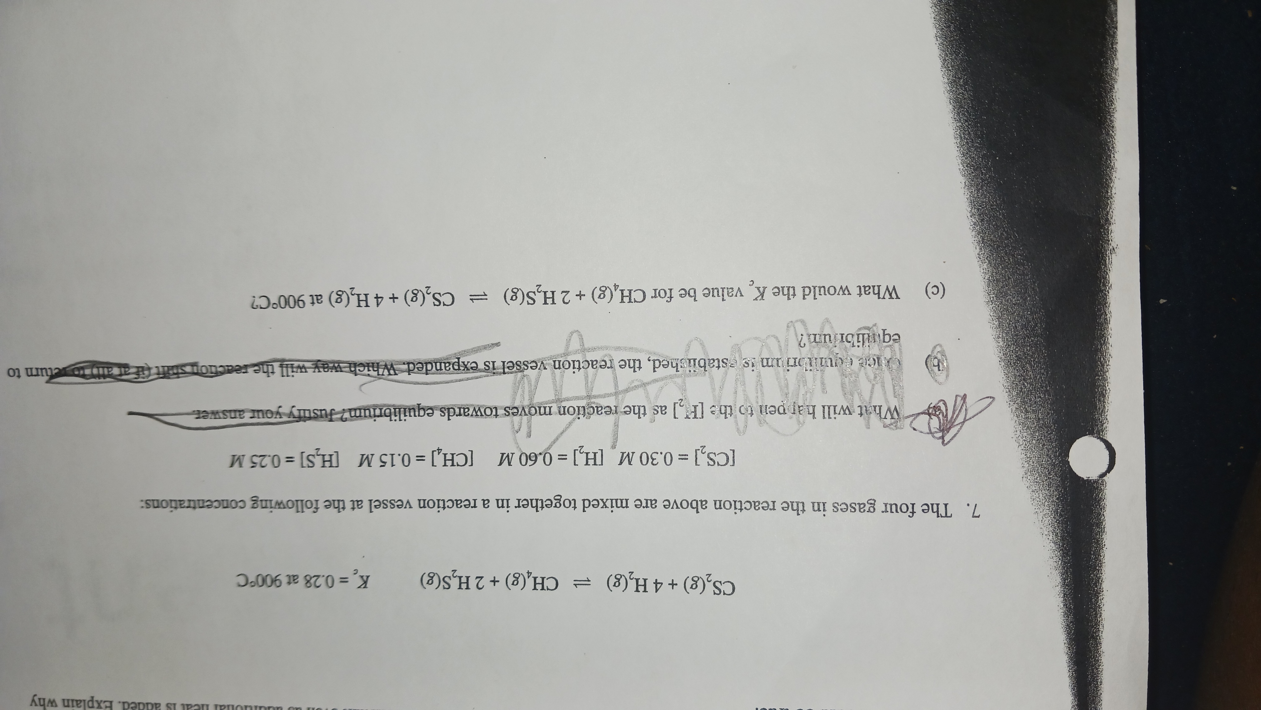  CS2(g)+4H2(g)CH4(g)+2H2S(g),Kc=0.28at900C The four gases in the reaction above are mixed together