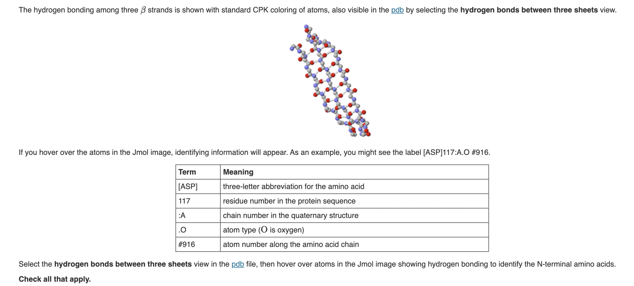 Select the hydrogen bonds between three sheets view in the pdb