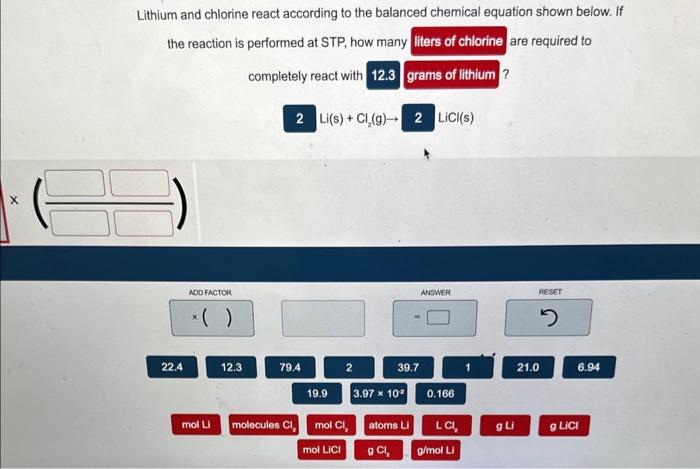 answer using numbers on the bottom Lithium and chlorine react according to