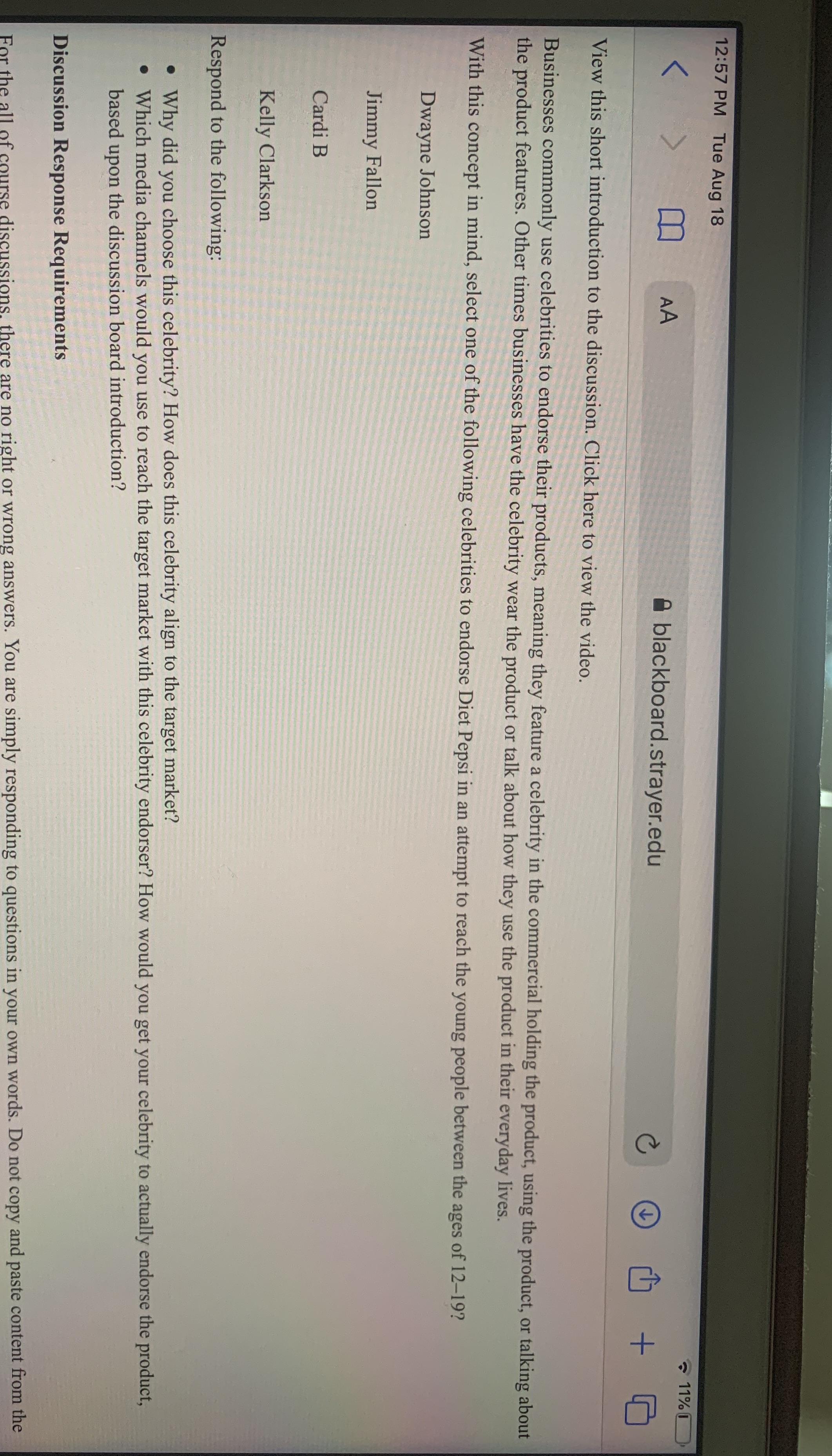 Help ASAP 12:57 PM Tue Aug 18 V B - 11% blackboard.strayer.edu