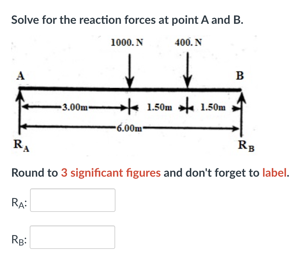  Solve for the reaction forces at point A and B. Round