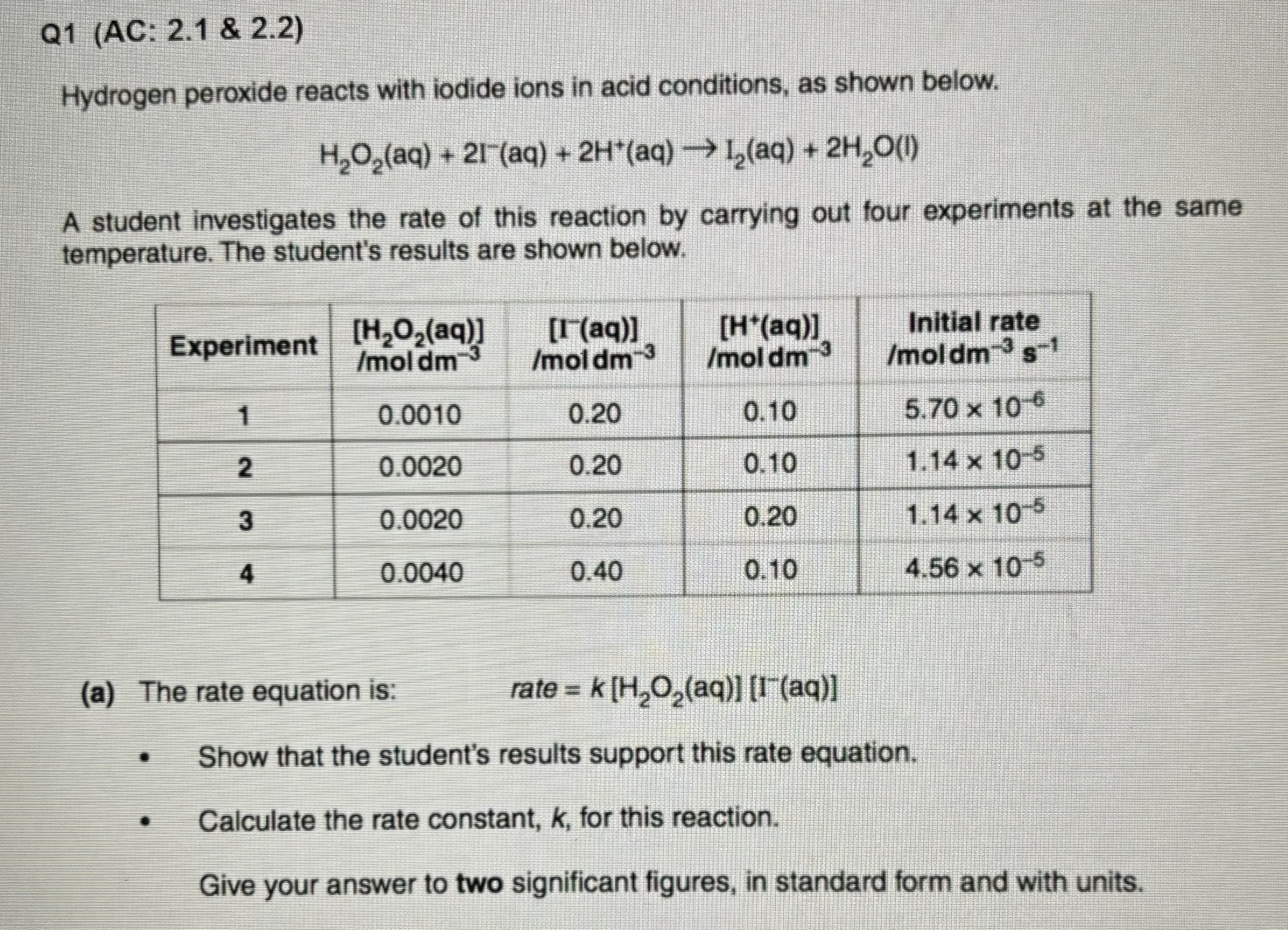  Q1(AC: 2.1&2.2) Hydrogen peroxide reacts with iodide ions in acid conditions,