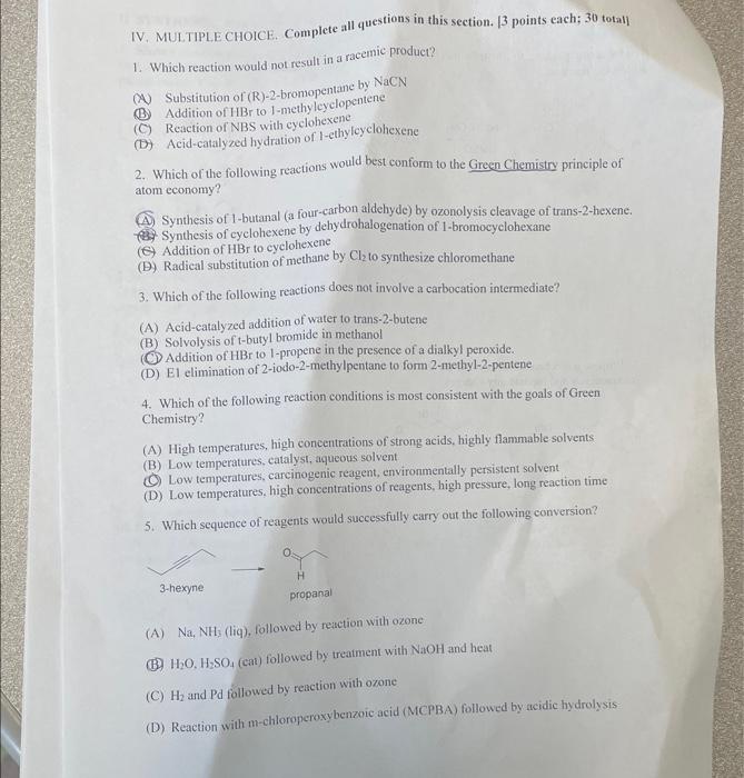 ANSWER ALL MULTIPLE CHOICE!! IV. MULTIPLE CHOICE. Complete all questions in this