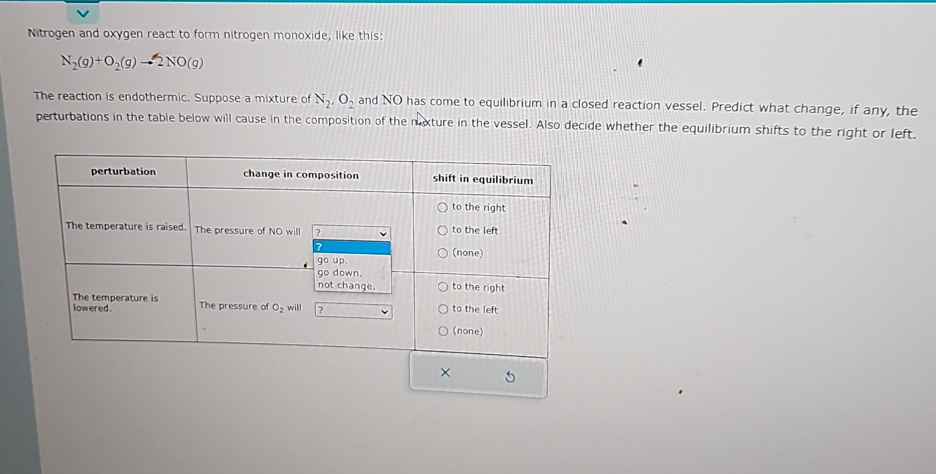 Nitrogen and oxygen react to form nitrogen monoxide, like this: N2(g)+O2(g)2.5NO(g)