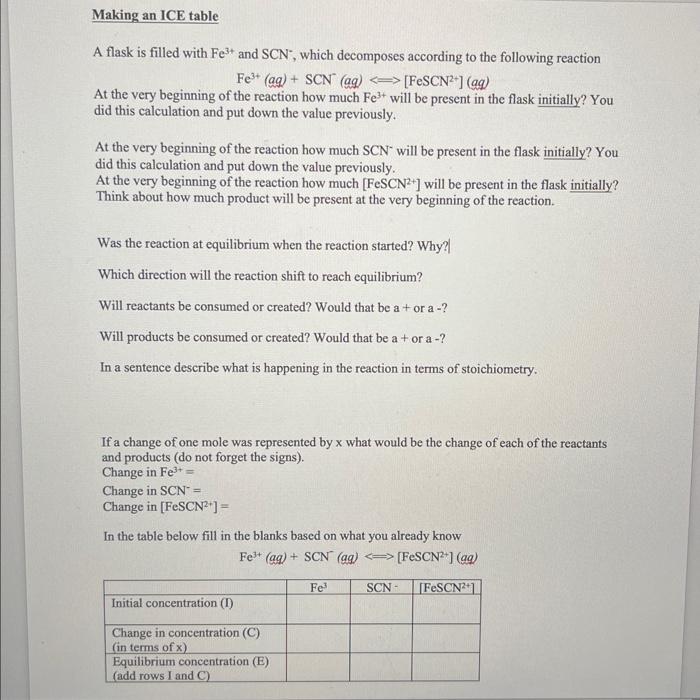  Making an ICE table A flask is filled with Fe3+ and