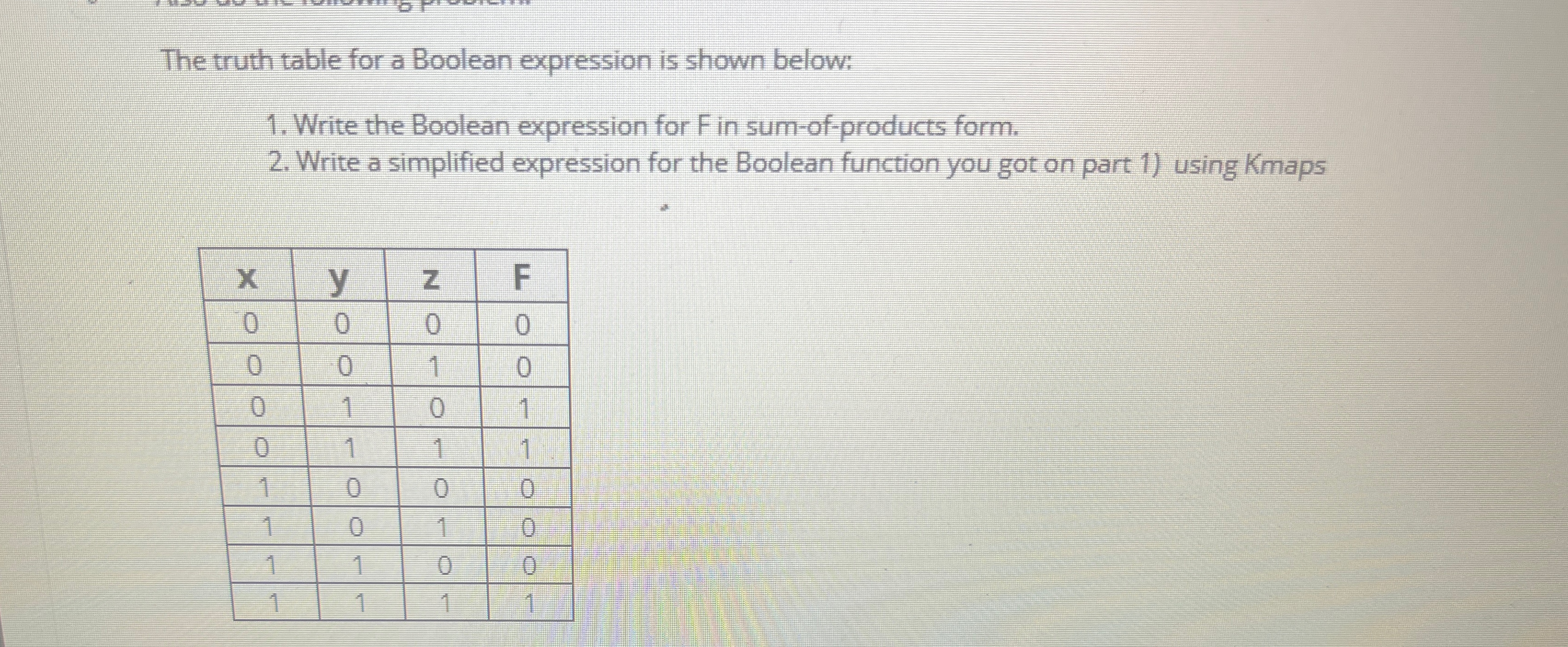  The truth table for a Boolean expression is shown below: Write