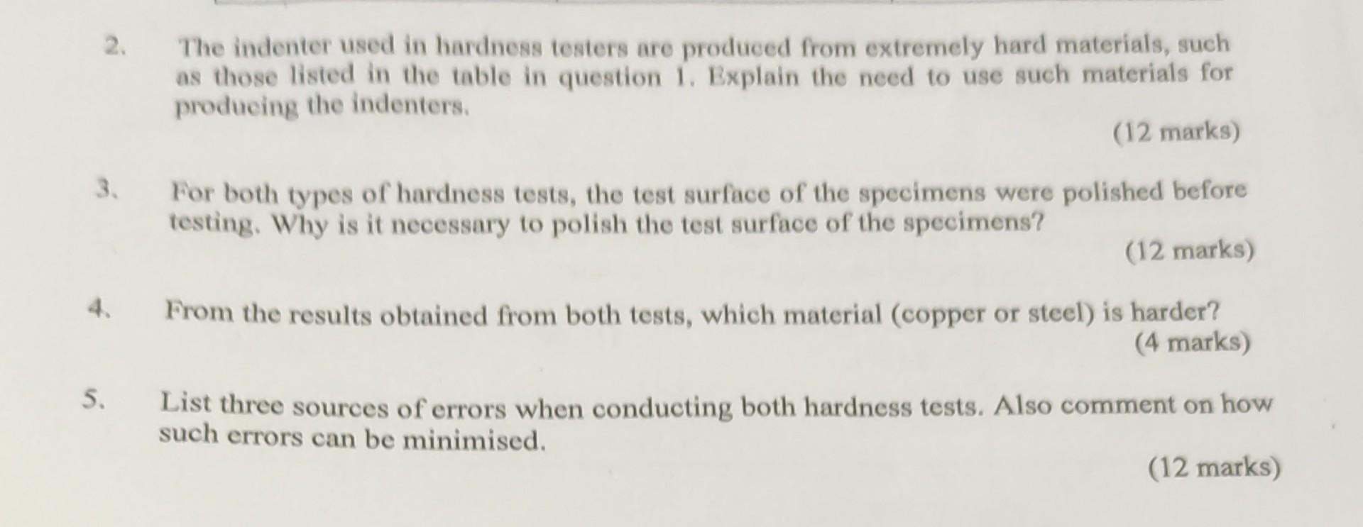 need help from question 1 to 4 2. The indenter used