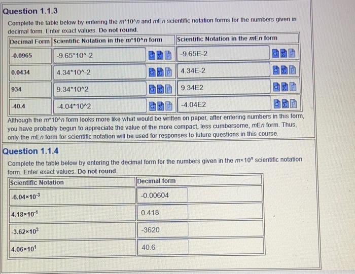  Complete the table below by entering the m10n and mEn scientific