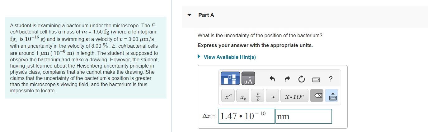  A student is examining a bacterium under the microscope. The E.