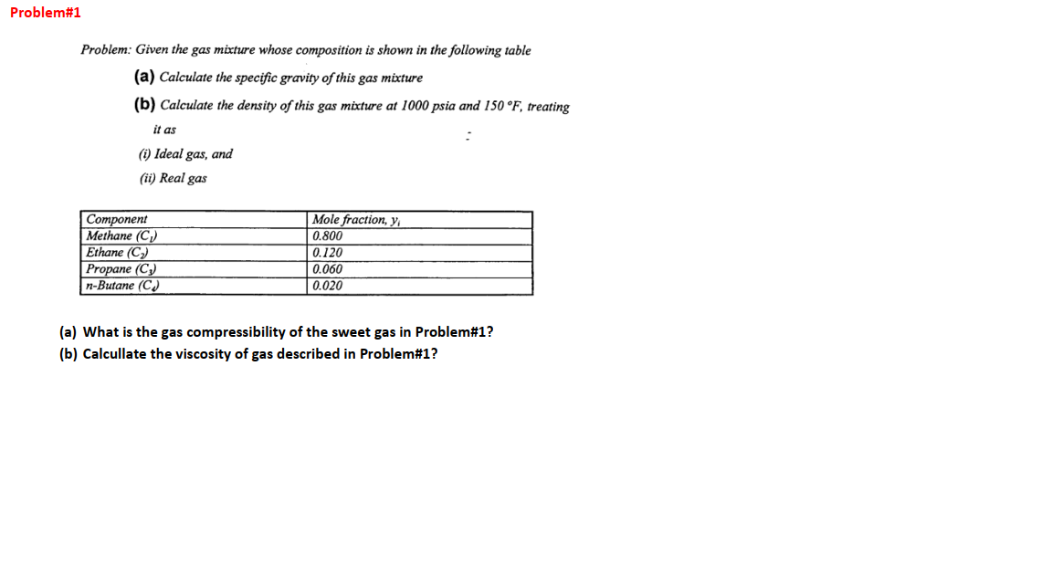 Problem#1 Problem: Given the gas mixture whose composition is shown in