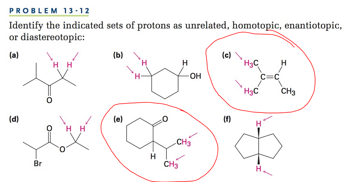 Just for parts (c) and (e), identify the indicated sets of protons