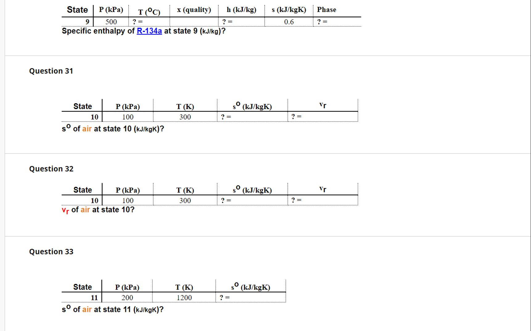  Plz solve for values Substance is air USE TABLE VALUES INSTEAD