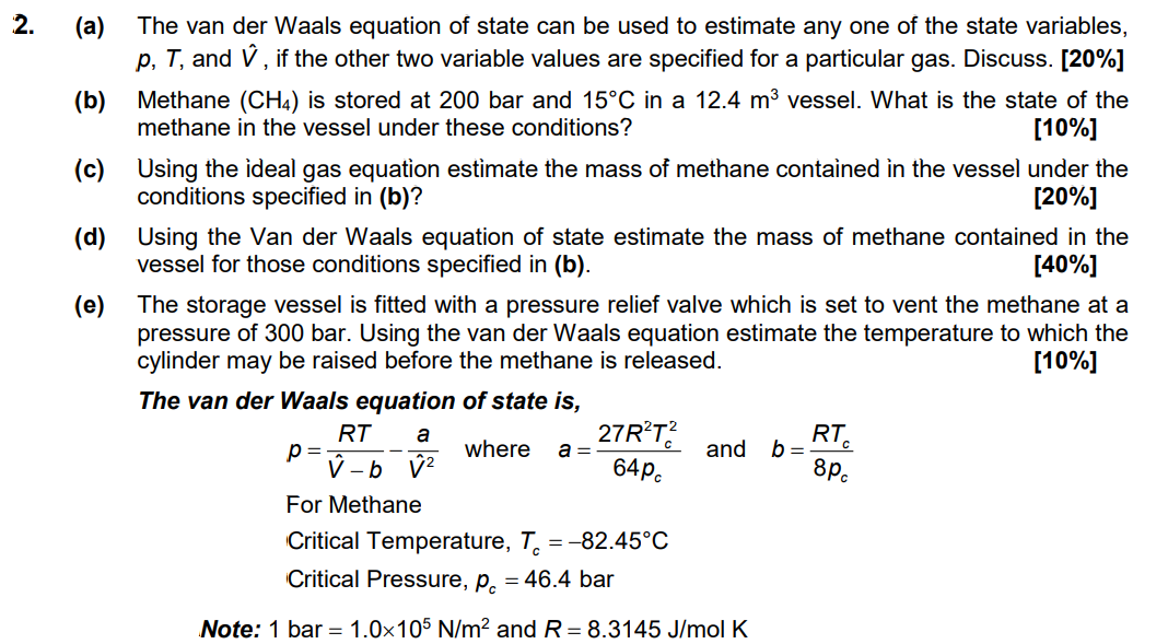  2. (a) (b) (c) (d) (e) The van der Waals equation