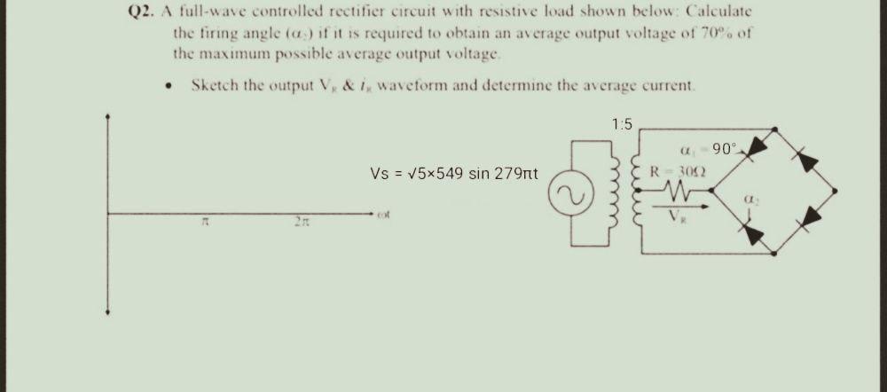  Q2. A full-wave controlled rectifier circuit with resistive load shown below.
