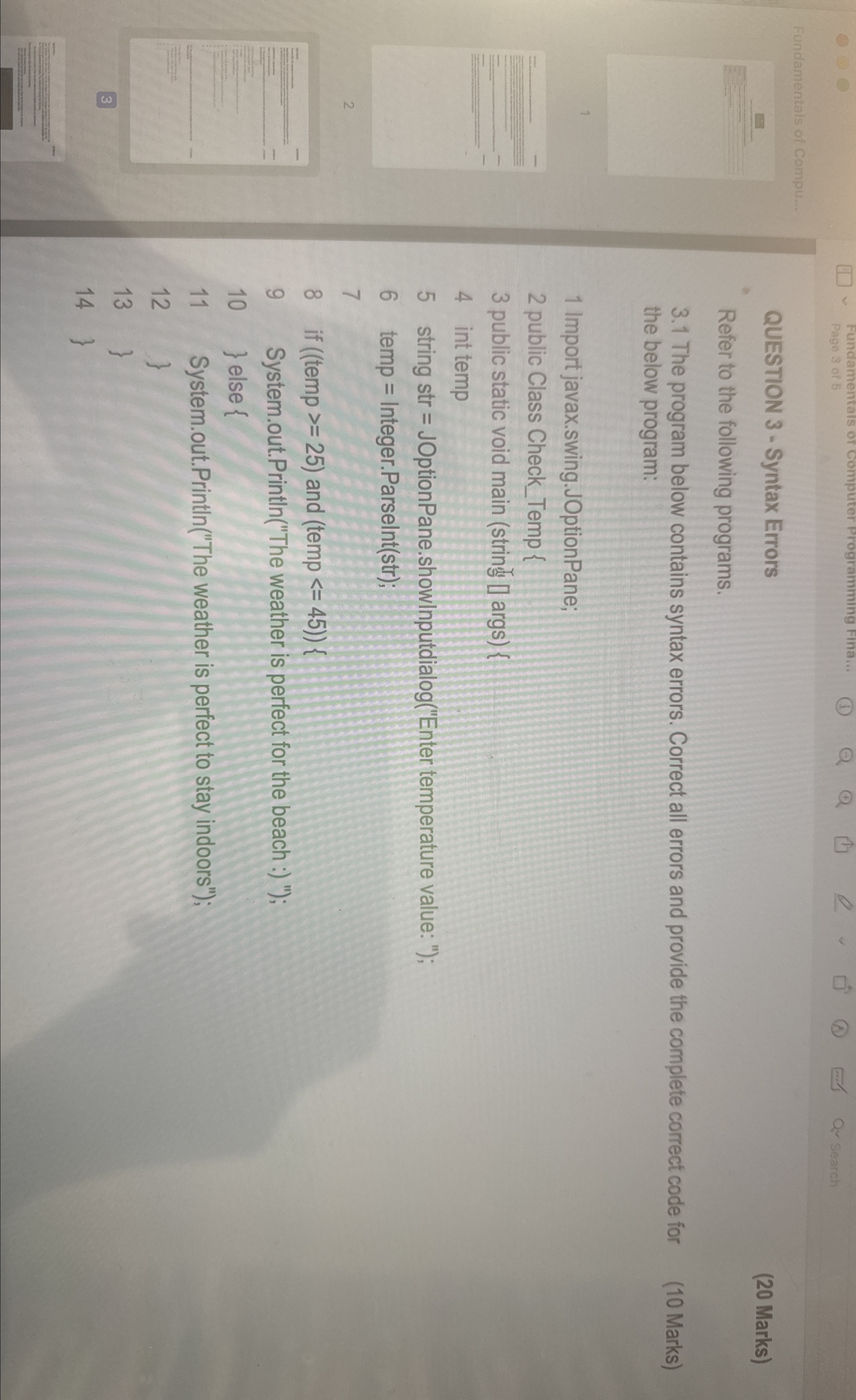  Fundamentals of Compu.. QUESTION 3- Syntax Errors (20 Marks) Refer to