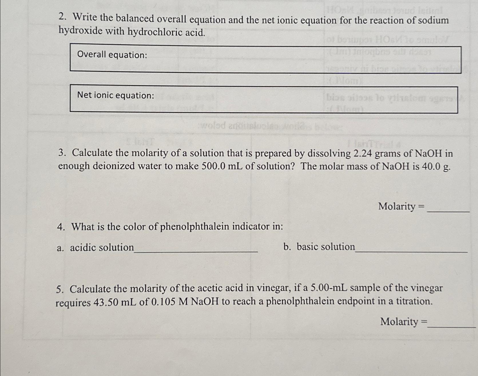  Write the balanced overall equation and the net ionic equation for