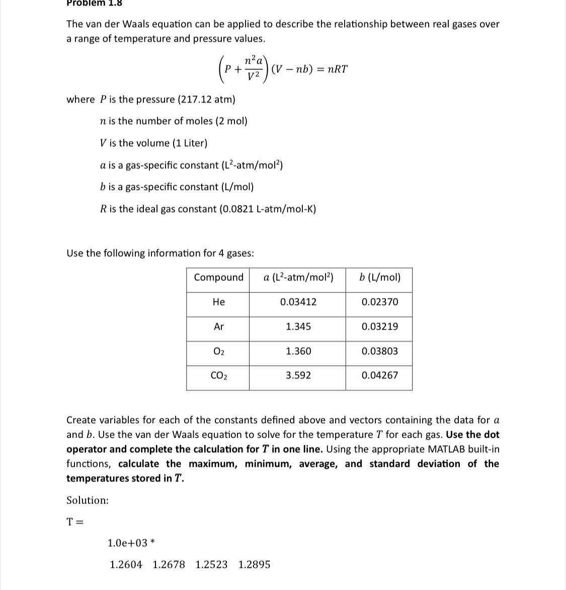  Problem 1.8 The van der Waals equation can be applied to