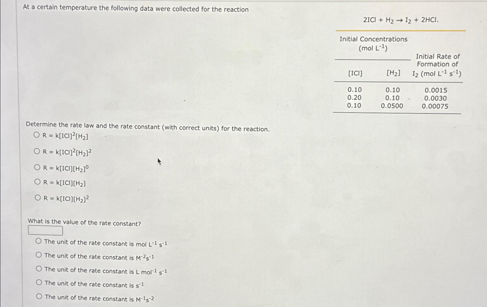  At a certain temperature the following data were collected for the