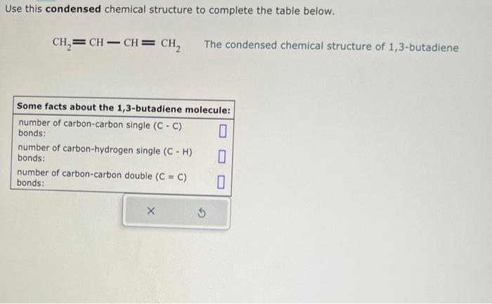  Use this condensed chemical structure to complete the table below. CH2=CHCH=CH2