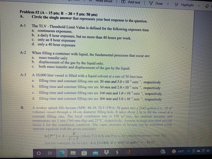  Read aloud 0 Add text V Draw Highlight Problem #2 (A