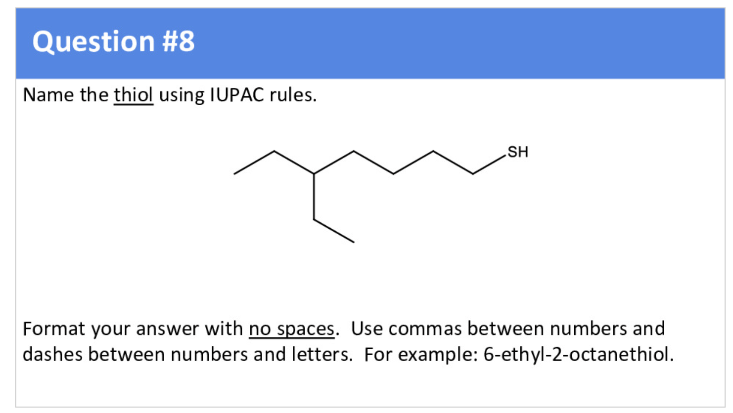no spaces. Use commas between numbers and dashes between numbers and letters.