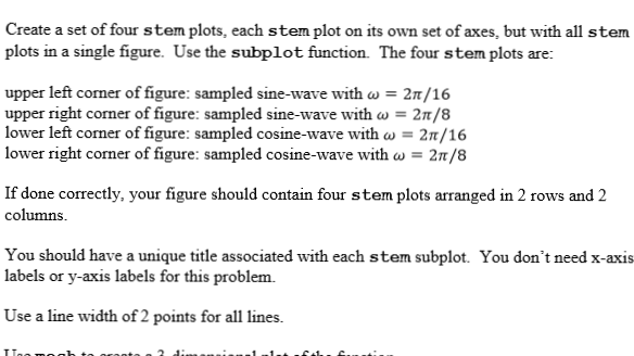 MATLAB Create a set of four stem plots, each stem plot on