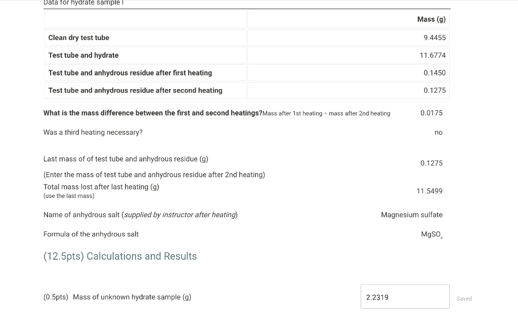 help with calculations and results portion plzzzzz Data for hydrate sample