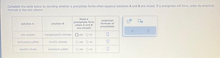  Complete the table below by deciding whether a precipitate forms when