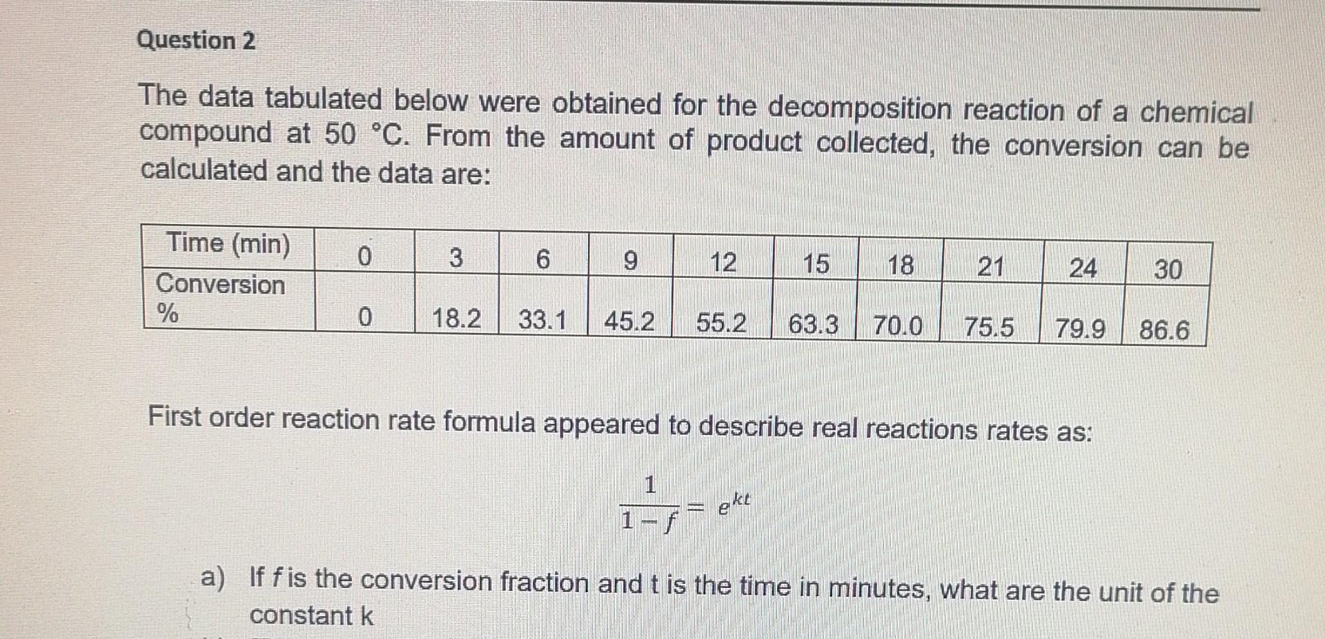 a) Question 2 The data tabulated below were obtained for the