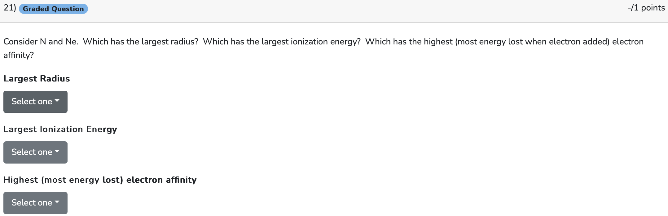 Charge on stable ion formed Enter as a number, e.g. 1,2,-1,-2 Which