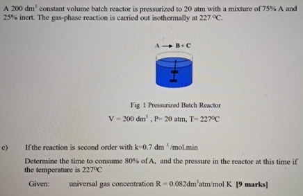  A 200dm3 constant volume batch reactor is pressurized to 20atm with