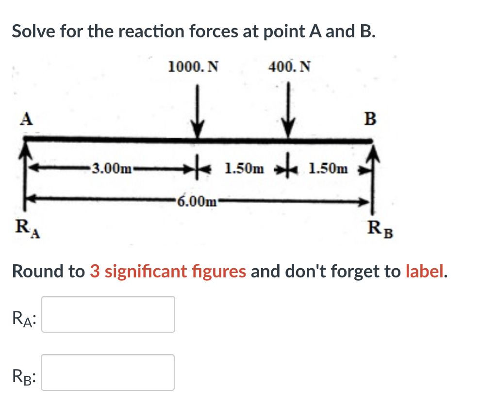  Solve for the reaction forces at point A and B. Round