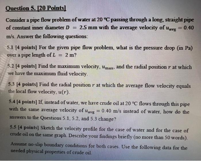  Question 5. [20 Points] Consider a pipe flow problem of water