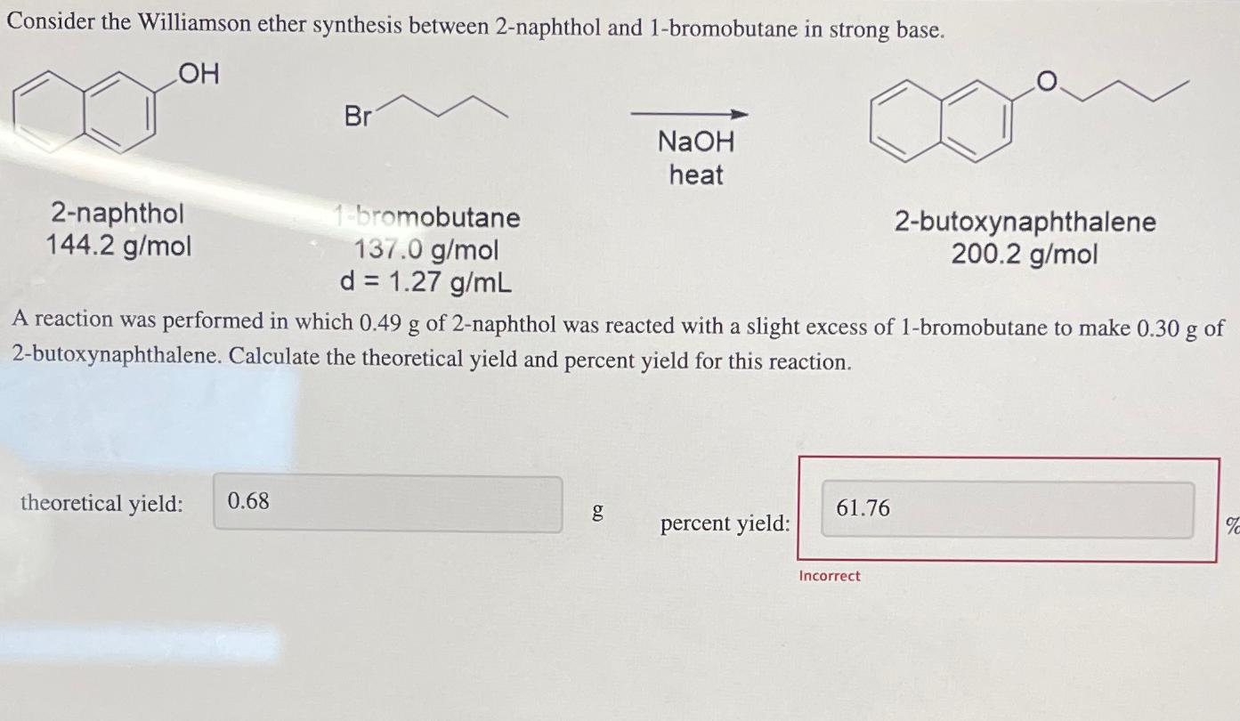  Consider the Williamson ether synthesis between 2-naphthol and 1-bromobutane in strong