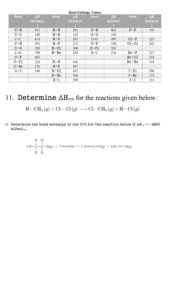  Bond Enthalpy Values \table[[Bond,,Bond,(kJ/mol,Bond,,Bond,\table[[H 