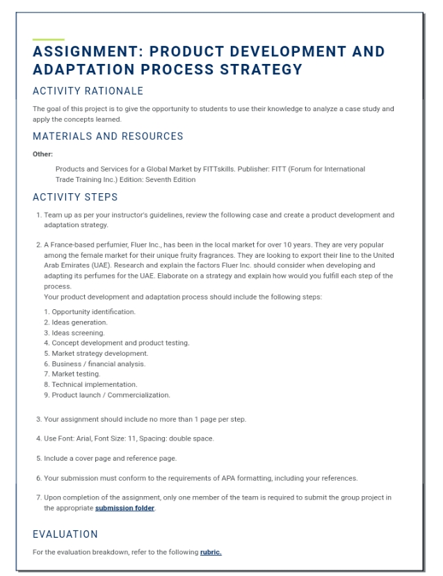 assignment ASSIGNMENT: PRODUCT DEVELOPMENT AND ADAPTATION PROCESS STRATEGY ACTIVITY RATIONALE The goal