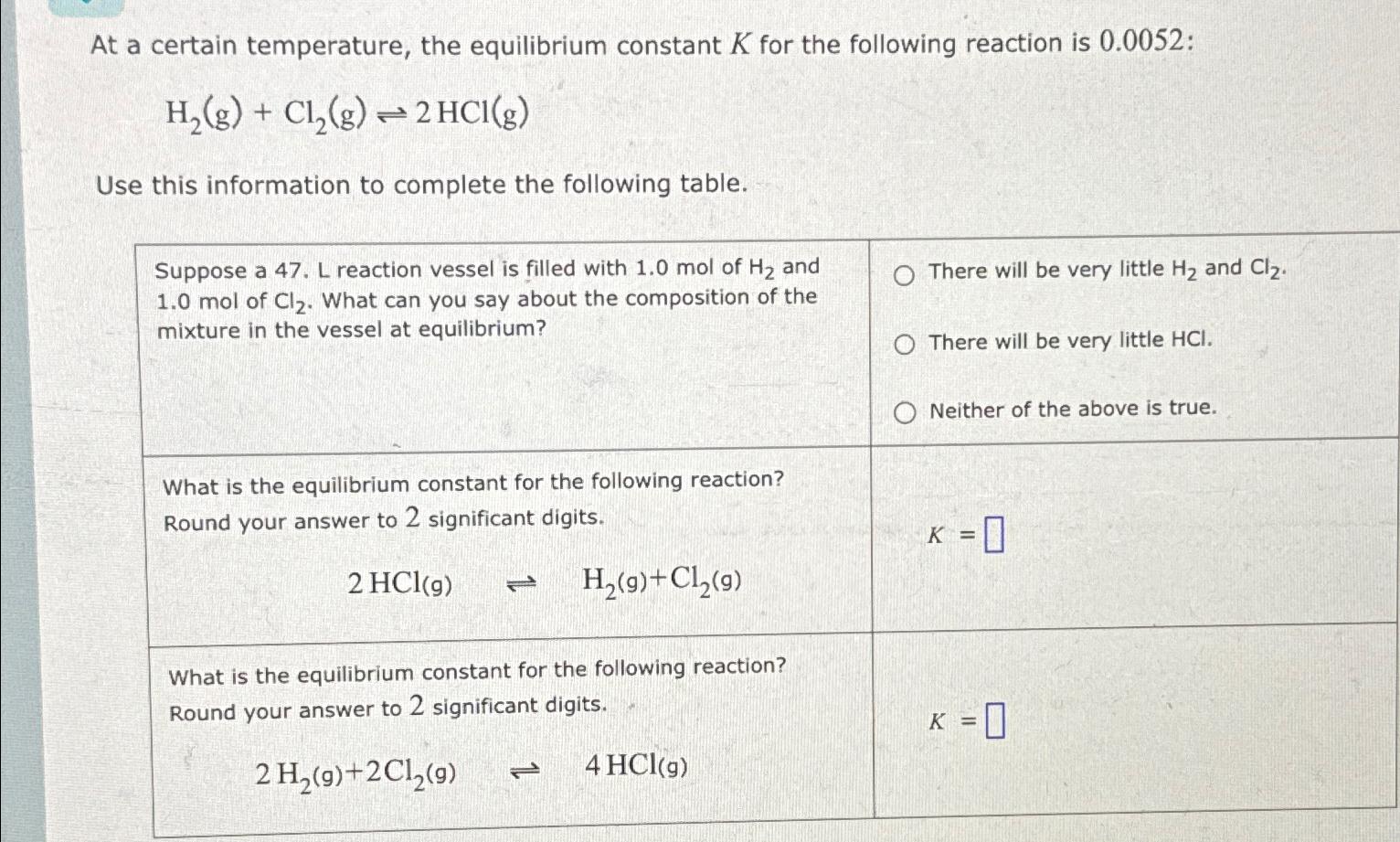  At a certain temperature, the equilibrium constant K for the following