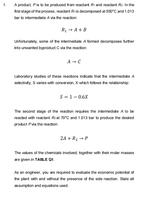 1. A product, P is to be produced from reactant R1
