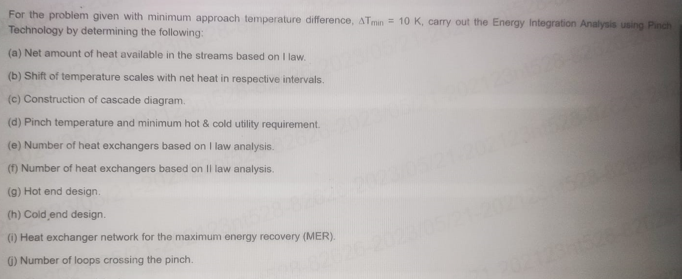  For the problem given with minimum approach temperature difference, Tmin=10K, carry