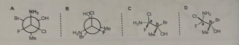 Convert the given Newman projections "A" & "B" into line angle formulas.