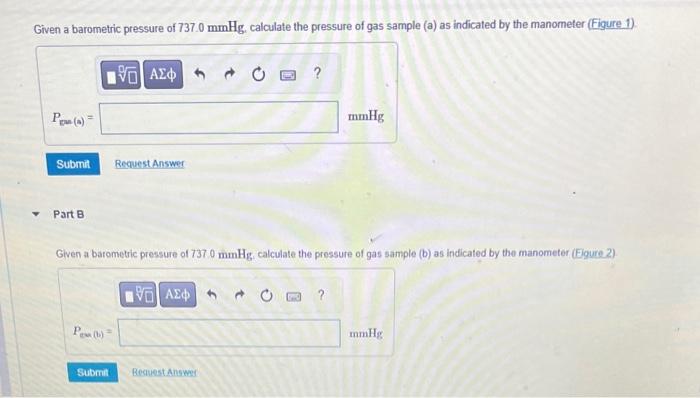 calculate the pressure of gas sample (a) as indicated by the manometer