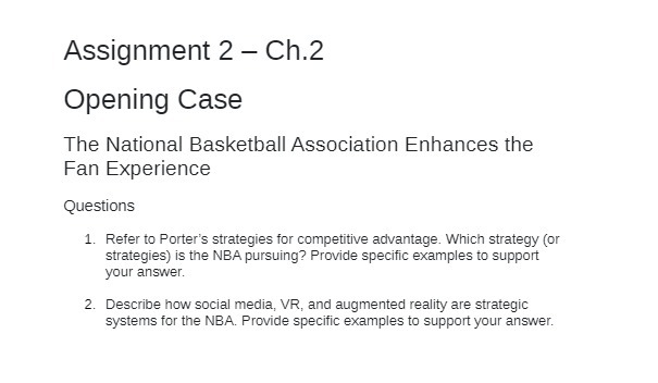 Assignment 2 - Ch.2 Opening Case The National Basketball Association Enhances